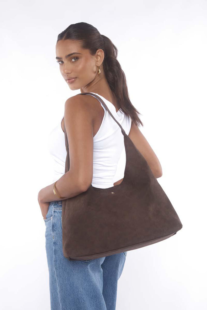 Jami Tote Bag - Chocolate Faux Suede – PETA + JAIN